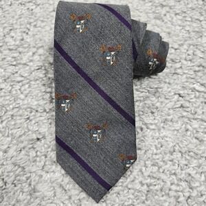 Hickey Freeman Necktie Mens Grey Purple Crest Stripe Silk Wool Preppy Classic
